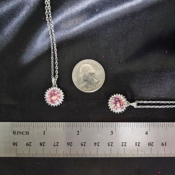 Pink Sapphire & Clear White Baguette Diamond Pendant 14K White Gold 925  - Picture 8 of 8